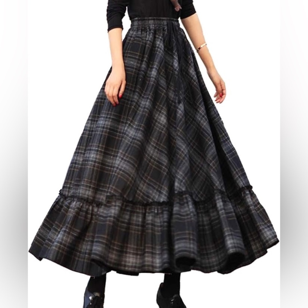 Femisarah Plaid Wool Maxi prairie skirt with ruffle